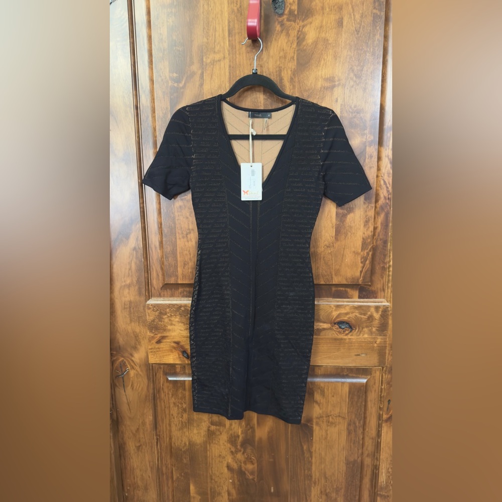 Womens THML Black Brown Stretch Short Sleeve Stretch Slip On Short Dress Size M